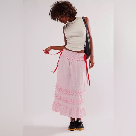 Damson Madder x Free People Pink Gingham Olivia Ruffle Midi Skirt Size 14, US 10 - Picture 5 of 16